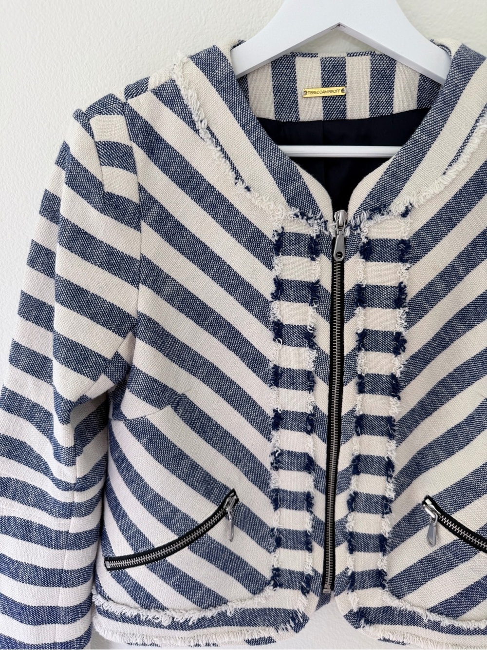 Rebecca Minkoff Salinas Blue White Striped Croped Bomber Jacket Size 2 - Picture 2 of 8